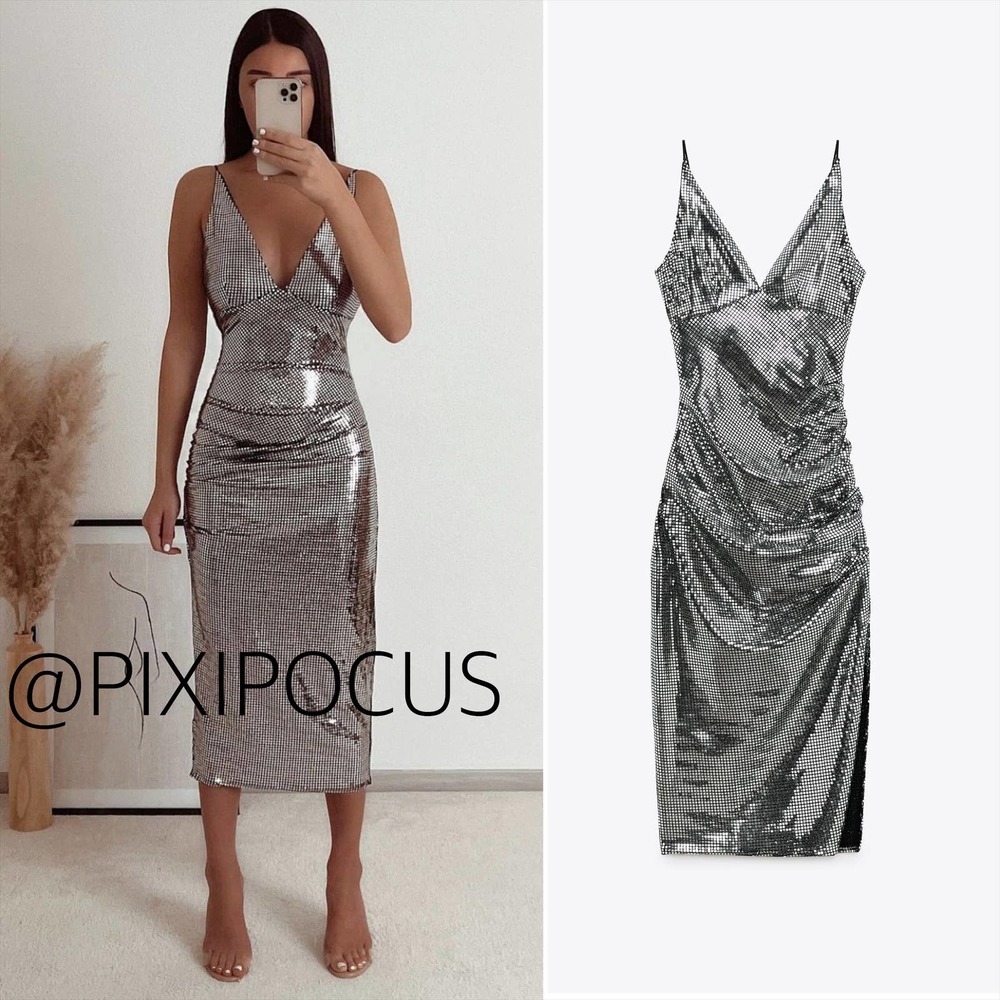 ZARA METALLIC MIRRORED MIDI DRESS SHIMMER SILVER